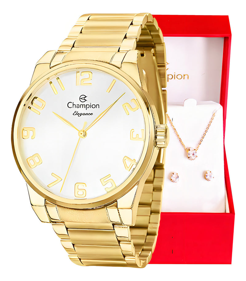 Kit Relógio Feminino Champion Original Dourado Analógico com Colar Brincos Cor Do Fundo Champanhe com Correia em aço inoxidável Prova D´Agua 50 metros