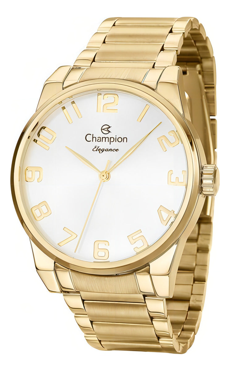 Kit Relógio Feminino Champion Original Dourado Analógico com Colar Brincos Cor Do Fundo Champanhe com Correia em aço inoxidável Prova D´Agua 50 metros