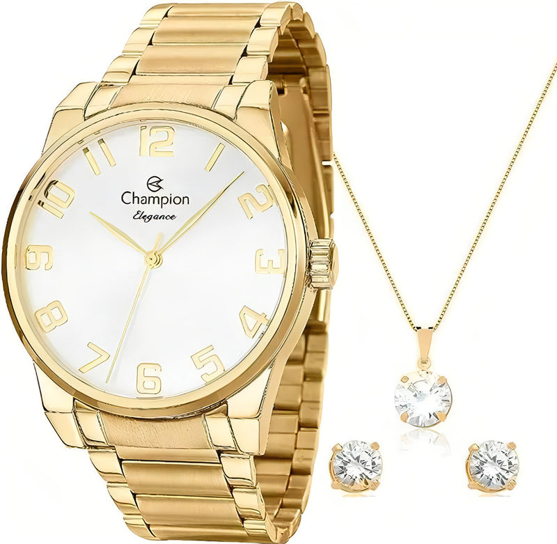 Kit Relógio Feminino Champion Original Dourado Analógico com Colar Brincos Cor Do Fundo Champanhe com Correia em aço inoxidável Prova D´Agua 50 metros