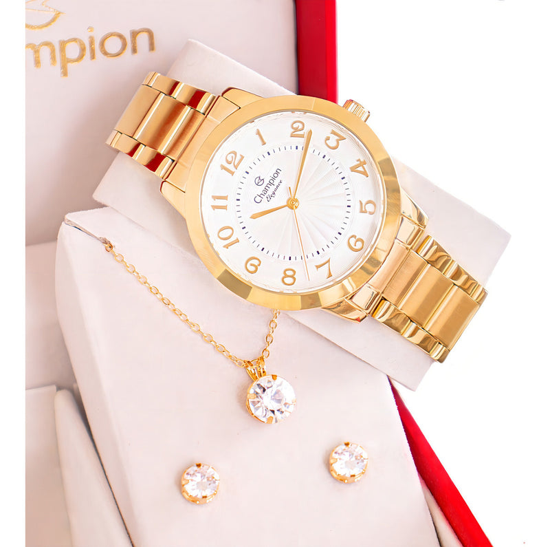 Relógio Feminino Champion CN25118W Fundo Branco + Kit Colar e Brincos