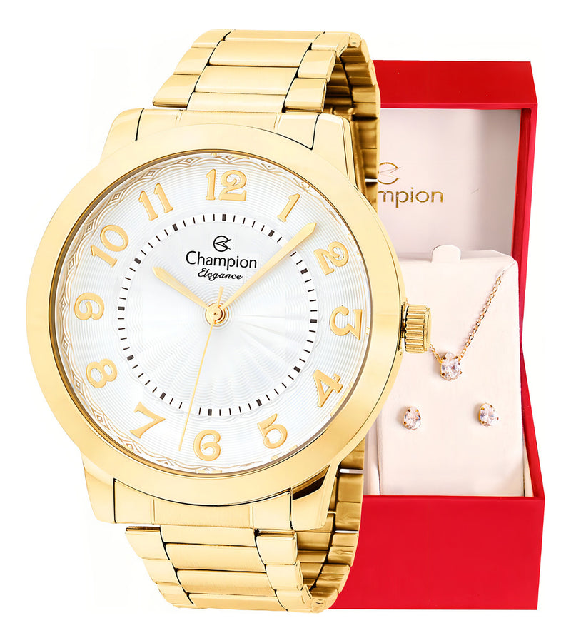 Relógio Feminino Champion CN25118W Fundo Branco + Kit Colar e Brincos